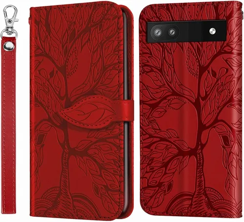Funda para Google Pixel 6A, funda tipo cartera para Pixel 6A 5G, piel sintética de alta calidad con diseño de árbol en relieve [atril] [ranuras para