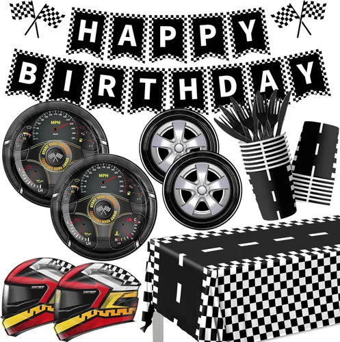 Suministros para fiestas de autos de carreras, 170 piezas, decoraciones de fiesta de autos de carreras, juego de platos y servilletas para fiesta de