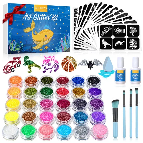 Kit de tatuaje temporal con purpurina para niños, kit de tatuajes profesionales brillantes de 30 colores, 147 plantillas, purpurina facial para