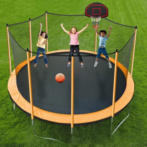 Miniatura 7 de Yoluckea 1500 libras 10 12 14 15 16 pies para adultos y niños con rociador, luces, aro de baloncesto, bolas de agua, 16 calcetines, trampolín