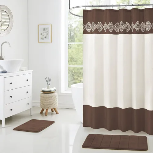 Juego de cortina de ducha de baño de 15 piezas con alfombras de baño de espuma viscoelástica. 2 tapetes de baño antideslizantes de diseño moderno