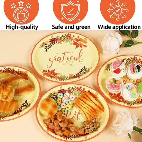 Miniatura 3 de Qyeahkj 50 PCS Platos de Papel Ovalados de Acción de Gracias Grandes 11" Heavy Duty Desechables Give Thanks Platos Decoraciones de Fiesta de Otoño