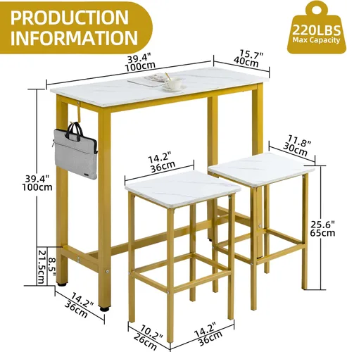 Miniatura 5 de Finnhomy Juego de mesa de bar, mesa de pub de 39.3 pulgadas, mesa rectangular de altura de barra, mesa de bar con taburetes, juego de mesa de cocina