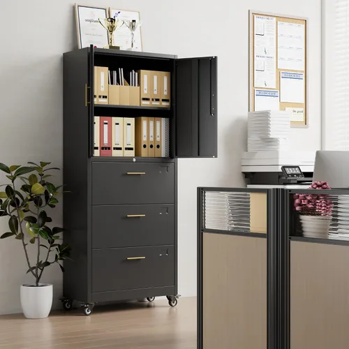 METAN - Archivador de metal con 3 cajones y 1 estante, archivador de oficina con ruedas y cerradura, almacenamiento de oficina para tamaño Negro