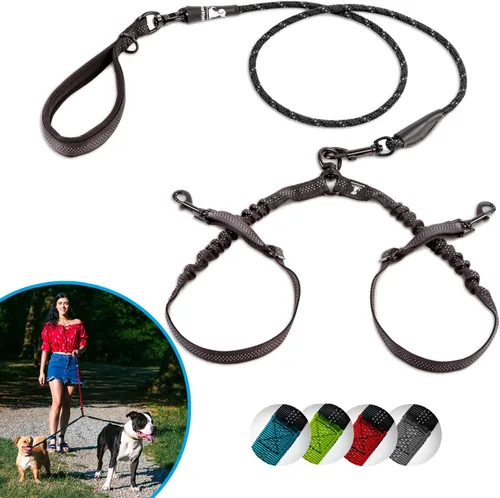 Miniatura 31 de Correa doble premium para dos perros, absorción de golpes, antitirón, doble correa para razas medianas y grandes con accesorio de correa doble
