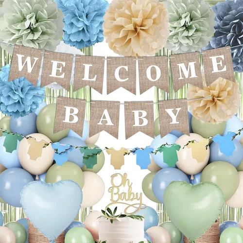 Miniatura 13 de Decoración de baby shower rosa polvoriento, juego de decoración de baby shower para niña con pancarta de bienvenida para bebé, pompones de papel