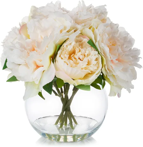 Miniatura 7 de ENOVA FLORAL Flor de peonía artificial con jarrón, arreglo de flores falsas, peonía sintética en jarrón de vidrio para decoración de cocina, oficina