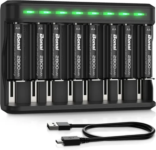 Miniatura 8 de BONAI Baterías recargables AA 2800mAh 8pack con cargador inteligente para AA AAA C D NiMH batería