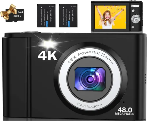Cámara digital, cámara 4K para niños, para fotografía, enfoque automático Nsoela de 48 MP, pantalla LCD de 2.8 pulgadas, zoom digital 16X, cámara