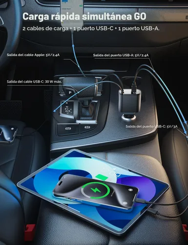 Miniatura 5 de SUPERONE - Cargador retráctil para automóvil 4 en 1, cargador de teléfono rápido para automóvil con cable de 2.6 pies, USB C y adaptador
