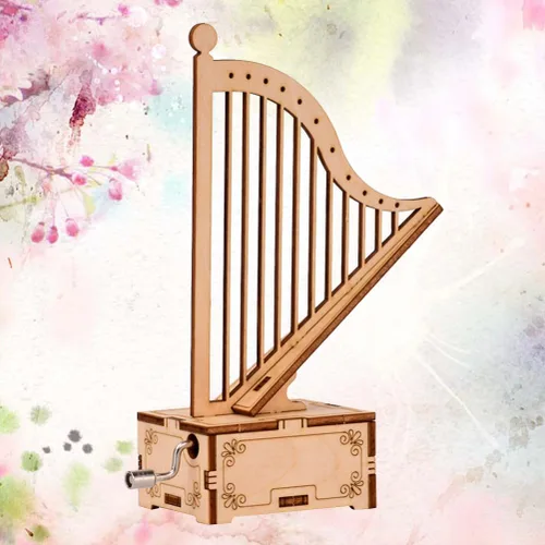 Miniatura 6 de ibasenice Caja de música con forma de arpa hecha a mano para niños, juguete musical de manivela montada de madera portátil, pequeña caja de música