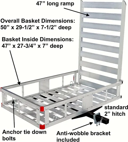 Miniatura 3 de MaxxHaul 80779 Soporte de aluminio para silla de ruedas/movilidad con enganche – Cesta de carga de 50" x 29.5" con barandas laterales altas y rampa