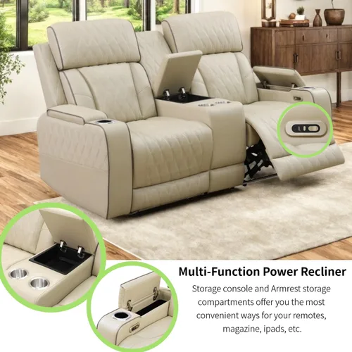 Miniatura 4 de Juego de sillones reclinables eléctricos con luces LED, juego reclinable de cuero acolchado con aire con puerto USB/almacenamiento/portavasos/luz