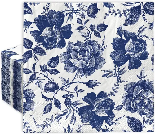 AnyDesign 80 servilletas de papel floral de porcelana azul y blanca vintage con flores de chinoiserie, servilletas desechables de almuerzo,