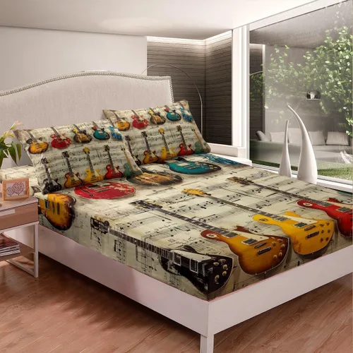 Miniatura 3 de Juego de sábana bajera ajustable para niños con diseño de guitarra eléctrica, estilo retro, diseño de notas musicales, decoración de habitación
