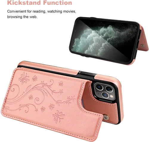 Miniatura 6 de Vaburs Funda para iPhone 11 Pro Max con tarjetero, diseño de mariposa en relieve de piel sintética de alta calidad, doble botones magnéticos, a Oro