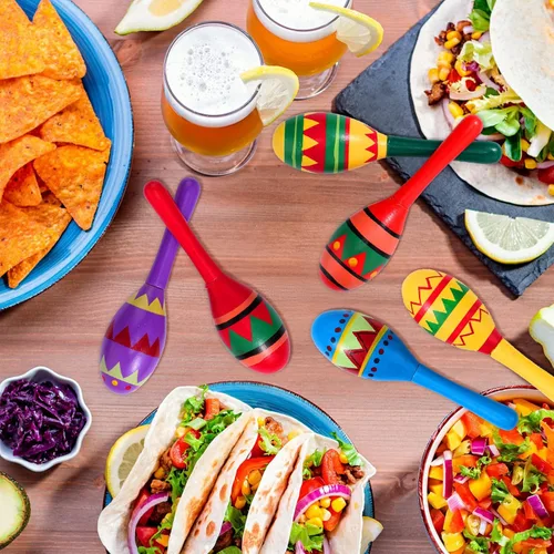 Miniatura 5 de Hungdao 36 piezas de mini maracas de madera para fiestas mexicanas a granel, 6 diseños de maracas de madera para fiestas de fiesta de Cinco de Mayo