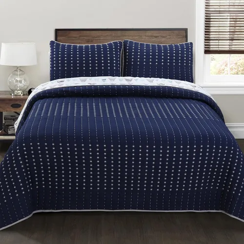Miniatura 22 de Cozy Line Home Fashions Juego de ropa de cama acolchada reversible para niño de 100% algodón a rayas azul marino, colcha cubrecama para todas