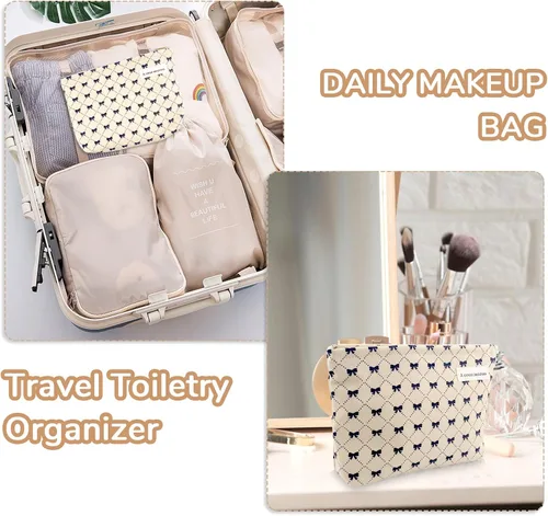 Miniatura 7 de Bolsa de maquillaje estética grande, bolsas de cosméticos florales para mujeres y niñas, organizador de maquillaje de lona con cremallera, bolsa