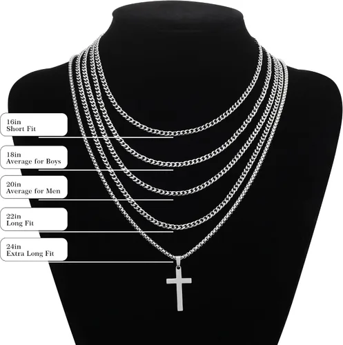Miniatura 7 de LUXEJEW Collar de cruz para hombres y niños, collar con colgante de cruz de acero inoxidable dorado, plateado y negro, collar de cadena de eslabones