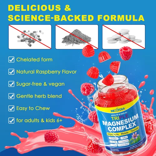 Miniatura 6 de Gomitas de complejo triple de magnesio de 500 mg/250 mg + Omega-3, azafrán para niños de 6 años y adultos, gomitas de magnesio calmadas con teanina