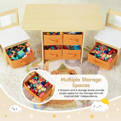 Miniatura 6 de Juego de mesa y silla para niños (2 sillas incluidas), grupo de escritorio de madera para niños pequeños con 6 cajas de almacenamiento, muebles