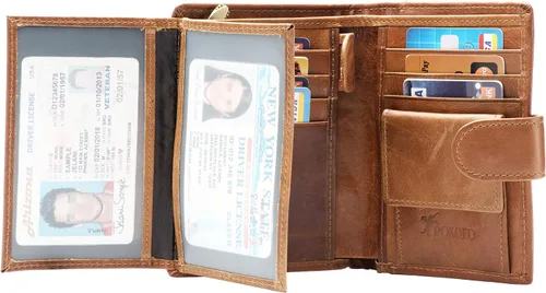 Miniatura 3 de POKOFO Gran RFID Cuero Genuino Tarjetero Trifold Wallet Snap Cierre 3 ID Windows para los hombres