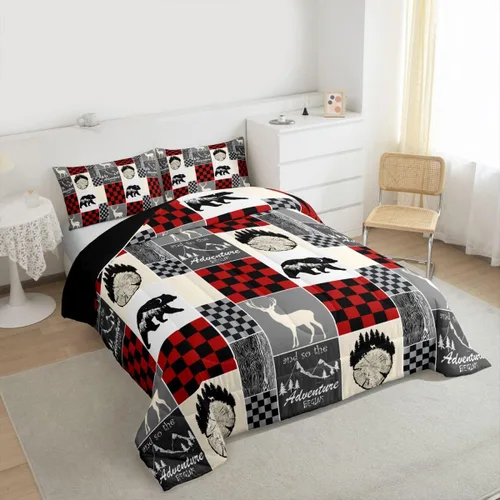 Miniatura 73 de Juego de edredón de oso y ciervo, tamaño individual, ropa de cama de animales salvajes de caza, colcha rústica de cabaña, casa de campo, cuadros