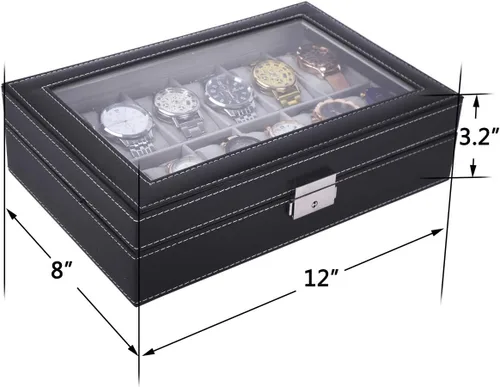 Miniatura 5 de AUTOARK Caja de reloj de cuero, 12 relojes, organizador de joyas, negro, AW-040