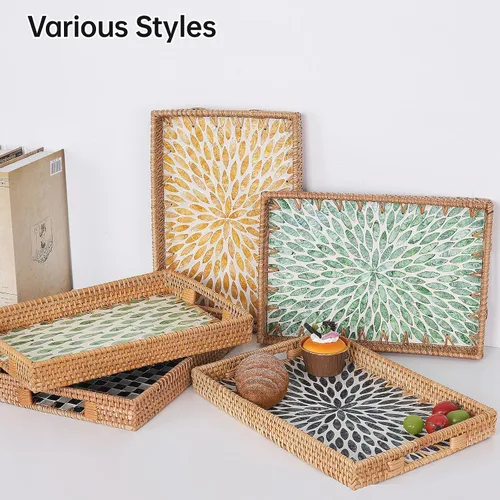 Miniatura 3 de Bandeja rectangular de ratán con incrustaciones de madreperla, bandeja de ratán con asa para café, pan, frutas, aperitivos, bandeja decorativa