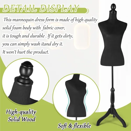 Miniatura 3 de Forma de vestido de torso de maniquí de tela femenina con soporte de base de trípode de madera, cuerpo de maniquí ajustable de 52 a 67 pulgadas