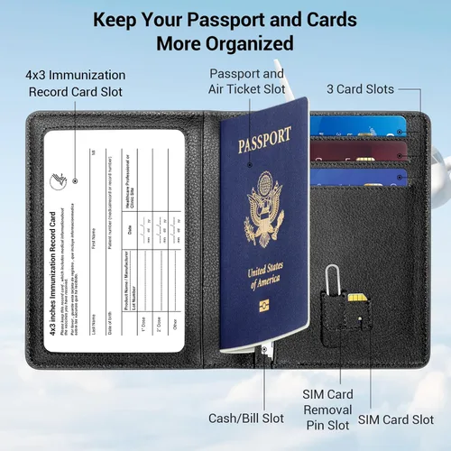 Miniatura 3 de Funda de cuero genuino para pasaporte, billetera con bloqueo RFID, BAPHITY de lujo y simple, Grano negro, Classic