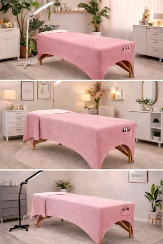 Miniatura 8 de Funda de terciopelo rosa para mesa de masaje, cama elástica para pestañas y mesa de masaje con corte de pierna y bolsillo, se adapta a mesas de 72 a