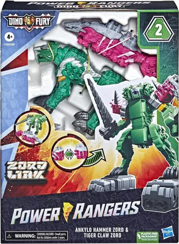 Miniatura 2 de Power Rangers Dino Fury - Martillo Ankylo rosa y garra de tigre verde, juguetes Zord para niños de 4 años en adelante Zord Link Sistema