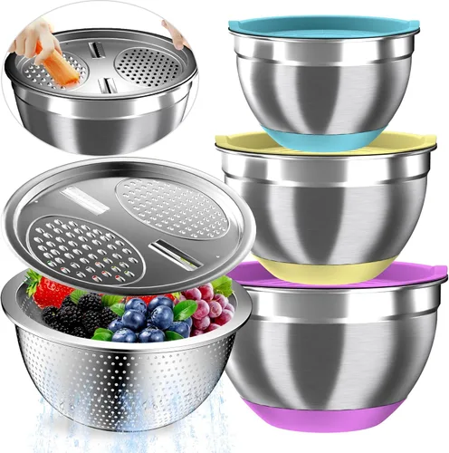 Nicdiet - Juego de cuencos de mezcla con tapas herméticas, juego de cuencos de mezcla de acero inoxidable con 3 cuencos anidados de metal, colador y