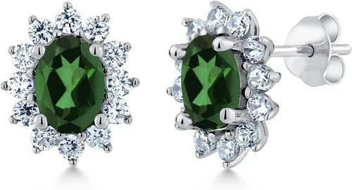 Miniatura 120 de Gem Stone King Aretes ovalados de plata de ley 925 de 0.276 x 0.197 in con piedra natal de la princesa Diana, estilo halo real para mujeres