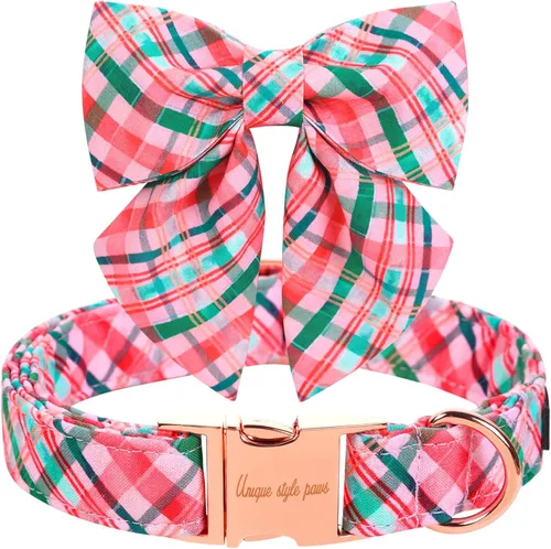 Unique style paws Collar de perro con corbata, collar de perro a cuadros rosa y verde, el mejor regalo para perros pequeños, medianos y grandes, S