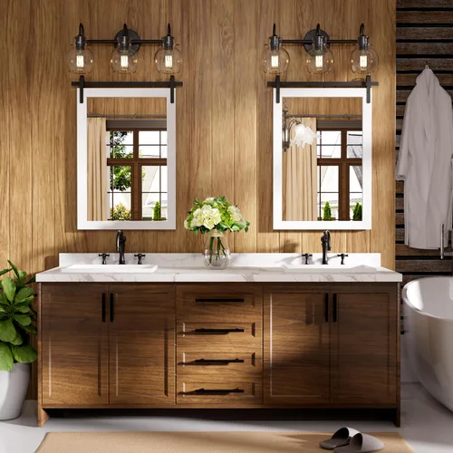Miniatura 2 de Espejo de casa de campo para baño, espejo de tocador rústico blanco con marco de madera, espejos decorativos, estilo puerta de granero, decoración