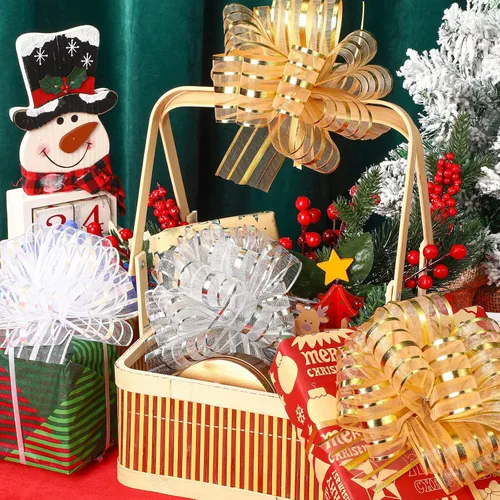 Miniatura 5 de Poen 12 Lazos Grandes de Navidad para Envolver Regalos de 6" Lazos de Tirar Multicolores de Cinta Navideña para Regalos, Cestas de Boda, Cajas