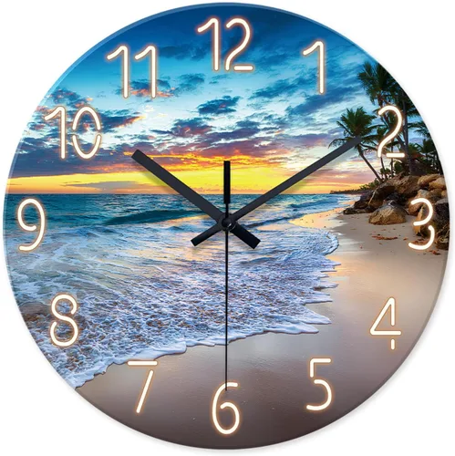 Miniatura 12 de Reloj de pared de playa con pilas, reloj de pared de vidrio de 12 pulgadas, analógico, sin tictac, relojes de pared azules para dormitorio, sala