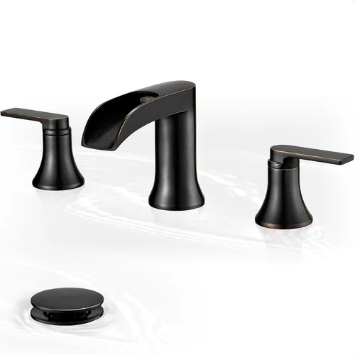 Grifo de lavabo de baño de bronce aceitado con cascada de 3 agujeros, grifos de baño de latón de 4 a 8 pulgadas con drenaje emergente y líneas de