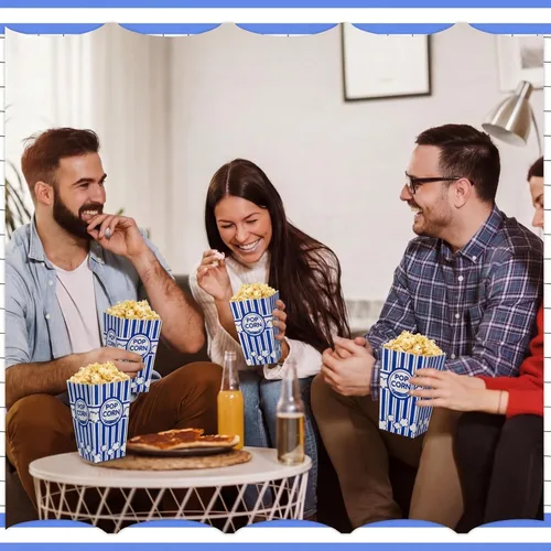 Miniatura 5 de Xinnun 100 piezas Cajas de palomitas de maíz 32 oz Cubos de papel clásicos con rayas desechables a prueba de aceite Caja abierta retro para Azul