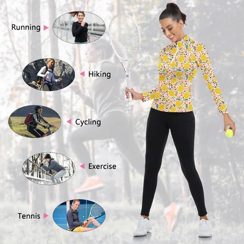 Miniatura 118 de WOWENY Camiseta deportiva de manga larga para mujer, con cremallera de un cuarto, cuello para entrenamiento, camiseta de tenis con estampado