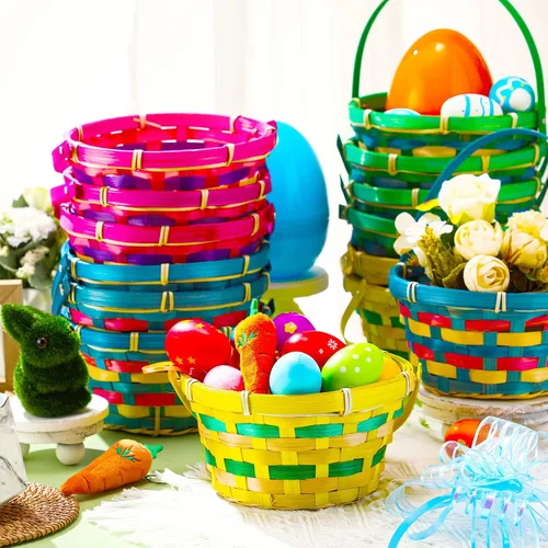 Miniatura 3 de Weysat Juego de 12 cestas de Pascua de bambú a granel, con asa redonda tejida transparente, bolsa de envoltura, lazo de conejo, papel de vidrio
