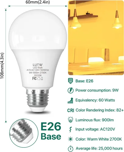 Miniatura 2 de Bombillas LED A19 E26, 60 W Eqv, 9 W, 2700 K, no regulables, paquete de 6 900 lúmenes, luz blanca cálida, ideal para iluminación de dormitorio