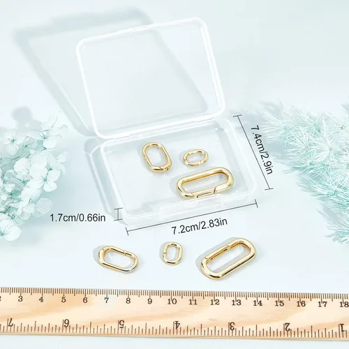 Miniatura 7 de SUNNYCLUE 1 caja de 6 piezas de 3 tamaños de latón ovalados llaveros de puerta de resorte, pequeño llavero de oro de 18 quilates, mosquetón, cierres