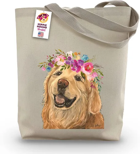 Golden Retriever Tote Bag – Regalo para amantes de Golden Retriever – Corona de flores Golden Retriever Totes – Bolsos hechos a mano – Bolsas de