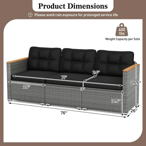 Miniatura 3 de Tangkula Sofá de mimbre para patio de 3 asientos, juego de muebles de ratán de 3 plazas con reposabrazos de madera de acacia y cojín grueso, sofá