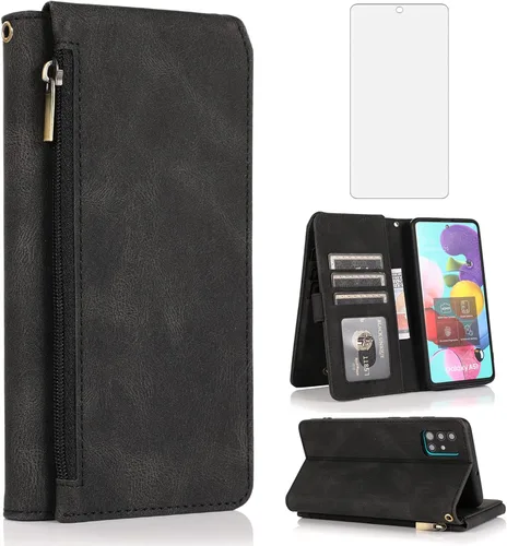 Asuwish Compatible con Samsung Galaxy A51 5G/A 51 5G UW Verizon - Funda tipo cartera de vidrio templado, protector de pantalla de cuero con