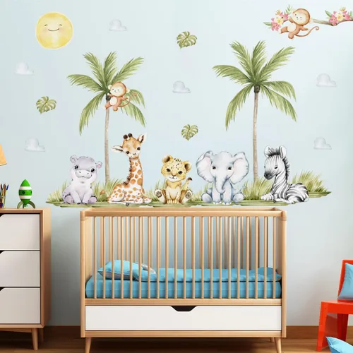 Miniatura 2 de Calcomanías de pared de animales de acuarela de 56.29 x 44.88 pulgadas, calcomanías de animales de selva, tigre, elefante, cebra, jirafa, mono